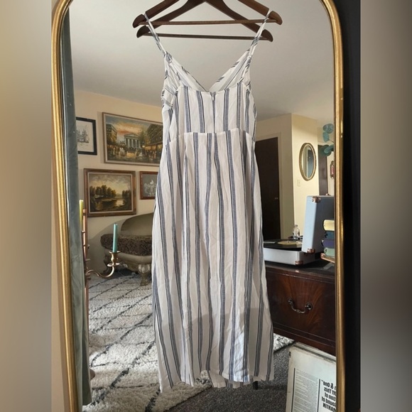 Euro Summer Blue and White Stripe Midi Dress Spaghetti Straps and Faux Wrap Top - Picture 2 of 3